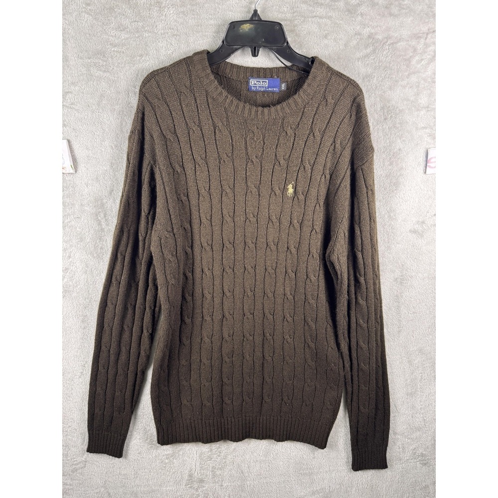 Polo Ralph Lauren Sweater Mens 2XL Brown Cable Knit Wool‎ Pullover Crewneck